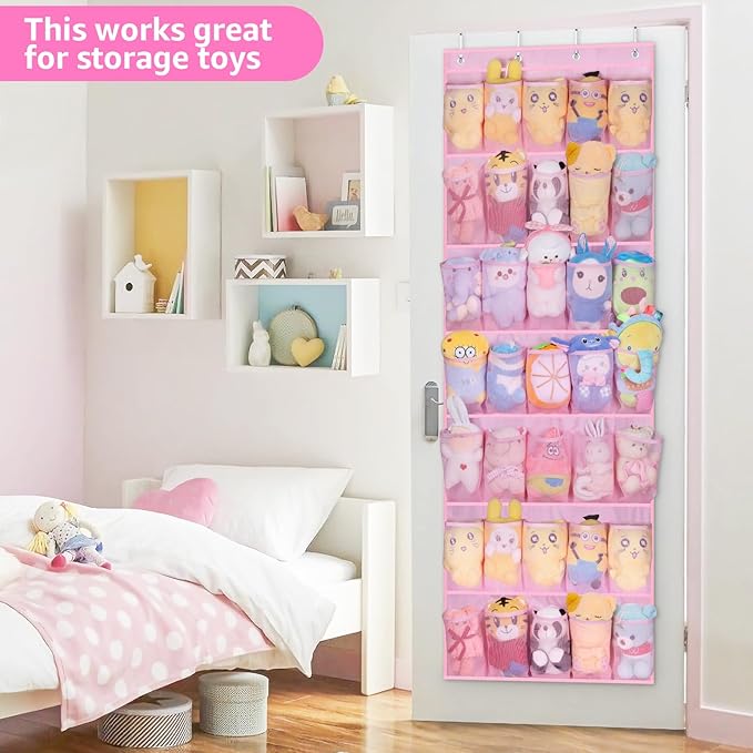 MISSLO 35 Large Pockets Over The Door Shoe Organizer Sturdy Oxford Fabric Hanging Shoe Rack for Door Mesh Closet Shoe Holder Hanger, Pink