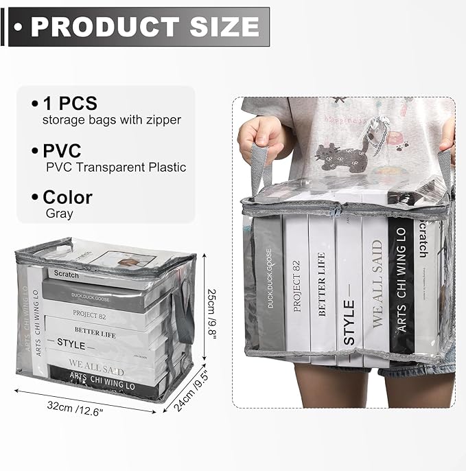 PATIKIL 12.6x9.5x9.8in Clear Storage Bags, Plastic Storage Bags Clear Small Zippered Organizers Foldable Closet Bed Sheet Organizer Cube with Zipper Handles for Book Clothes Yarn,M, Gray