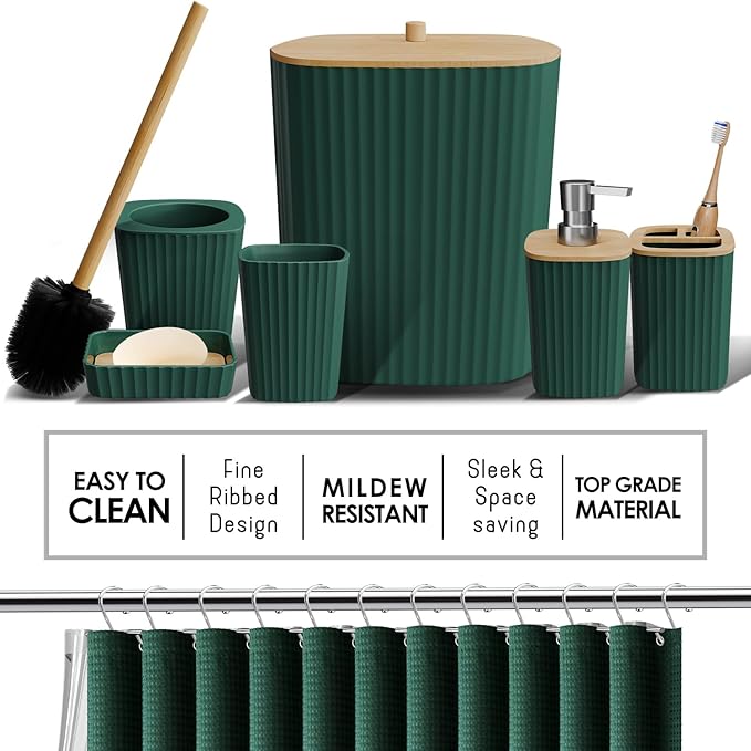 Clara Clark Bathroom Accessories Set - Bathroom Set with Adhesive Corner Shower Caddy Hanging, 25PC Bathroom Accessory Set, Hunter Green Shower Curtain Set, Toilet Brush, Trash Can & Soap Dispenser