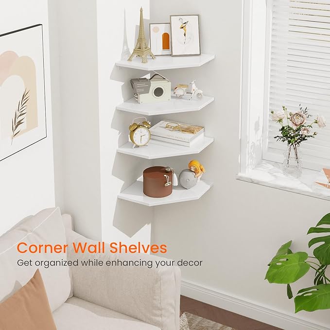 Homode Corner Wall Shelf, Corner Shelf Floating, Set of 4 Wooden Hanging Corner Shelves with Wire Hole for Bathroom Living Room Office, White