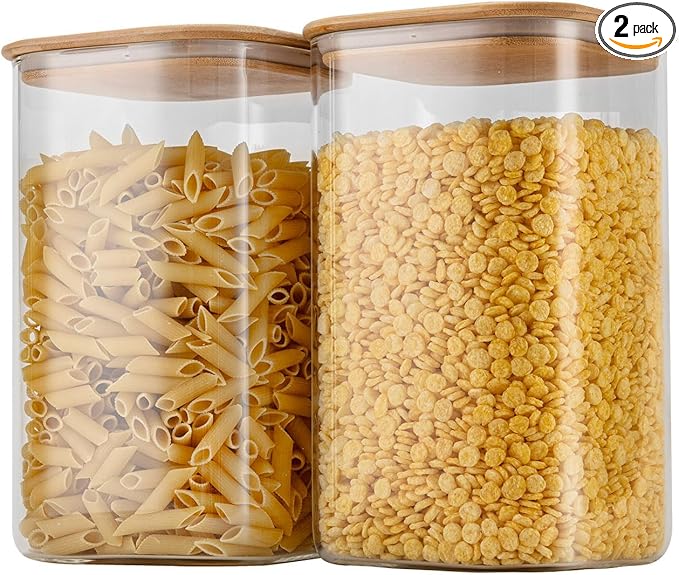 D2scrma 156oz Airtight Glass Square Storage Canister with Bamboo Lid Set of 2(4600ml*2) Large Gallon Glass Jars for Sugar, Flour, Cookies and Coffee beans (‎with Black Lable)