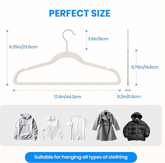 YSSOA Velvet Hangers 70 Pack, Non-Slip Clothes Hangers with Shoulder Notches, 360° Swivel Hooks, Heavy Duty Standard Hanger for Closet Space Saving, White