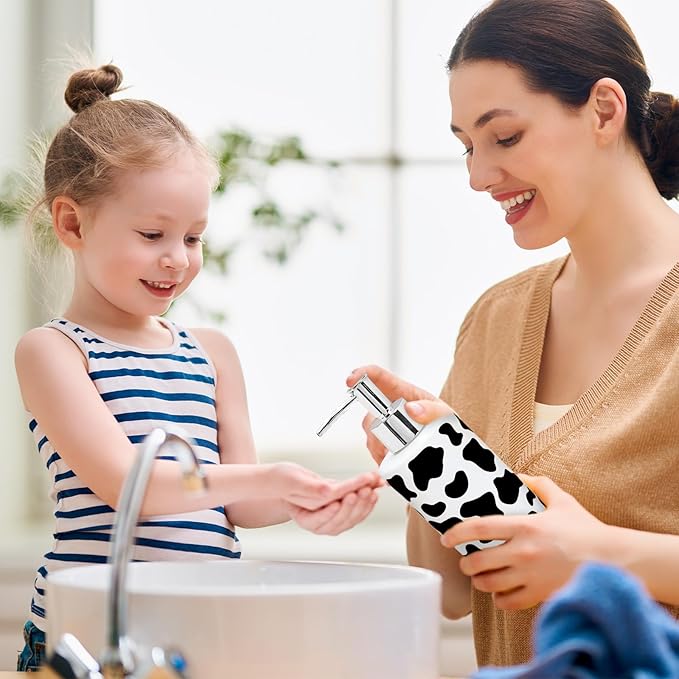Cow Print Soap Dispenser Refillable Liquid Container Cute Cow Spot Glass Soap Dispenser with Pump for Bathroom Kitchen Countertop Decor
