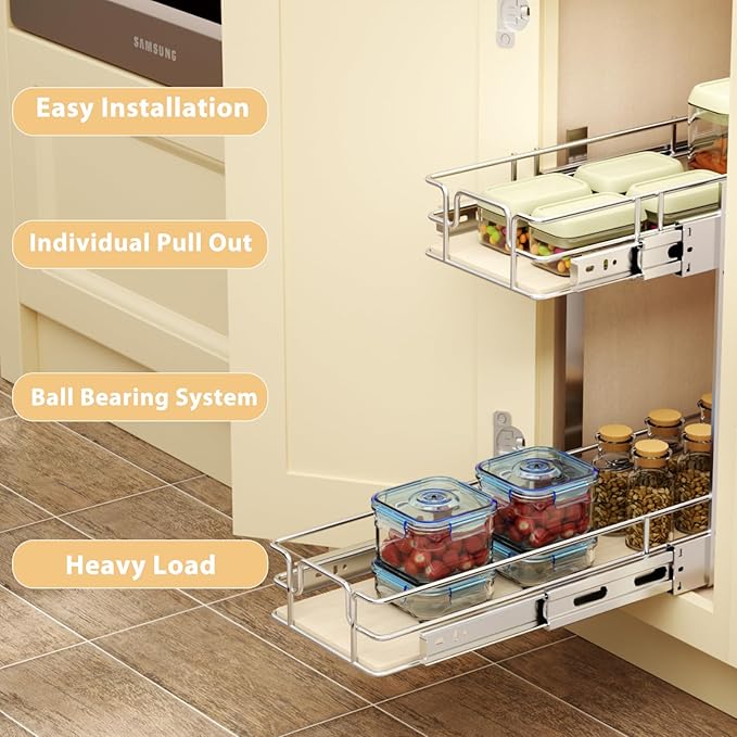 ROOMTEC 2 Tier Individual Pull Out Cabinet Organizer 5½"W x 21½"D, Slide Out Wood Shelves Organizers, Pull Out Drawers Organization and Storage for Kitchen Cabinet