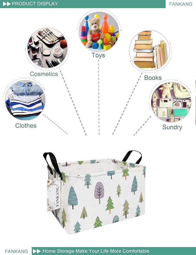 FANKANG Storage Bins, Nursery Hamper Canvas Laundry Basket Foldable with Waterproof PE Coating Large Storage Baskets for Kids Boys and Girls, Office, Bedroom, Clothes,Toys(Rec-Colorful Forest ）