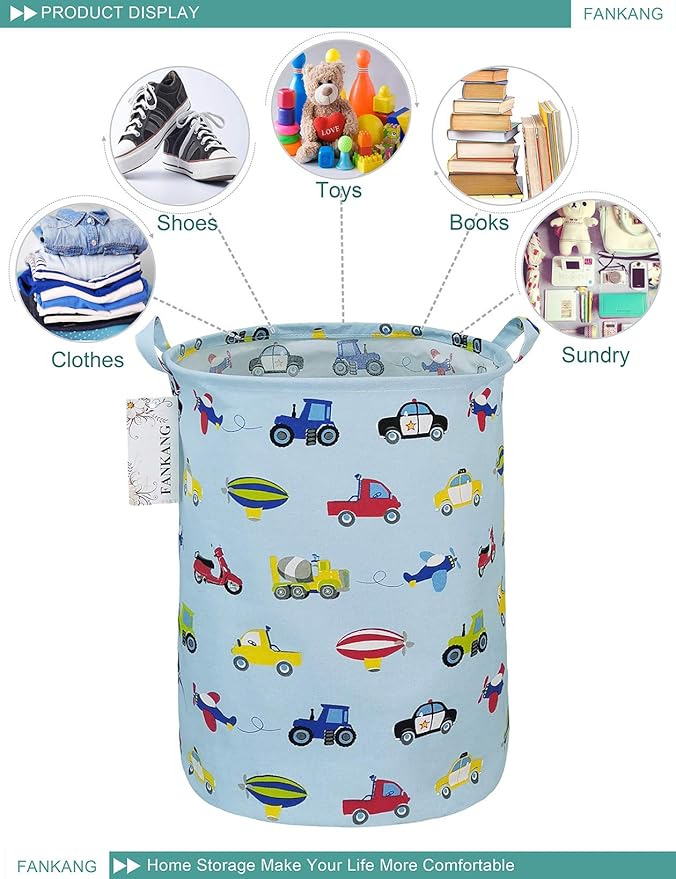FANKANG Storage Basket, Nursery Hamper Canvas Laundry Basket Foldable with Waterproof PE Coating Large Storage Baskets for Kids Boys and Girls, Office, Bedroom, Clothes,Toys（Car）