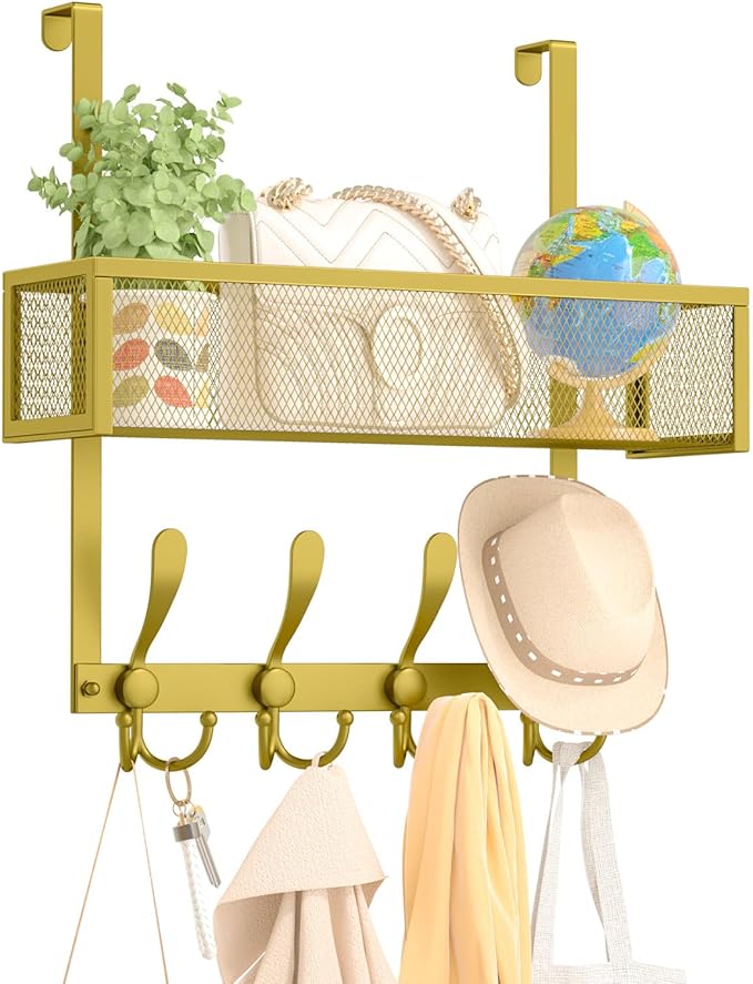 Kaiferty Over The Door Hooks Organizer,Over Door Hanger Towel Rack Mesh Basket with 12 Hooks,Back of Door Storage Organizer for Bedroom,Bathroom,Kitchen,Office(Gold)