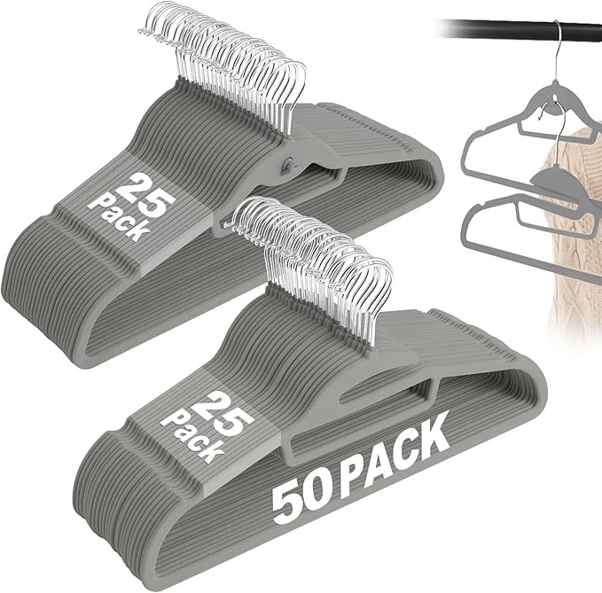 Velvet Hangers 50 Pack, S-Shaped and Stackable Non Slip with 360°Swivel Hook, Ultra Thin and Space Saving Flocked, for Suits, Shirts, Coats, 15Lbs Capacity Heavy Duty, Grey