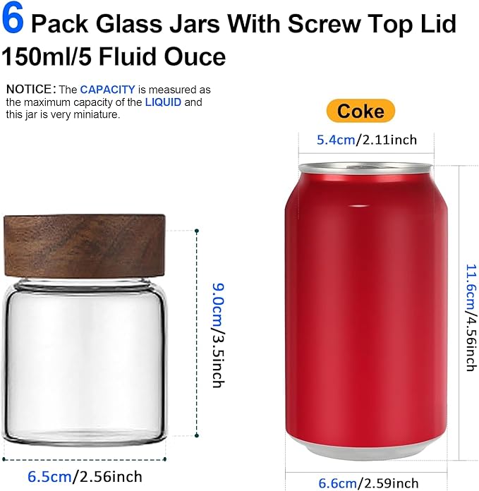 Patoper Glass Spice jars Glass Jars with Screw Lid 5 oz, Food Storage Canister for Pantry Sugar Tea Coffee Bean Seasoning Nuts Cookies (6 * 150ml(5oz))