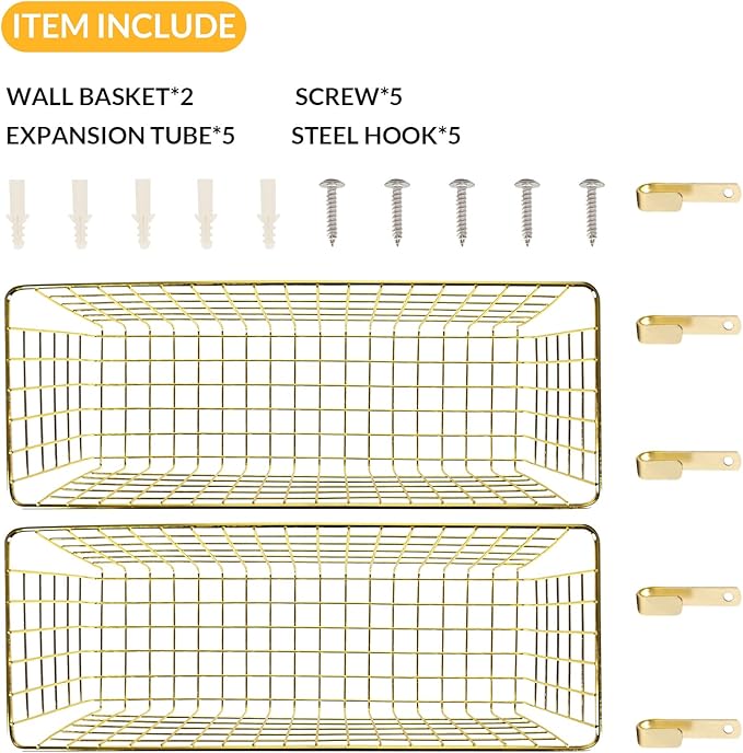 2 Sets Extra Large Hanging Wall Basket, Gold Metal Wire Baskets with Steel Hooks for Organizing, WallmountedFruit Vegetable Toy Snack Storage, Home Kitchen Bathroom Laundry Pantry Organizer