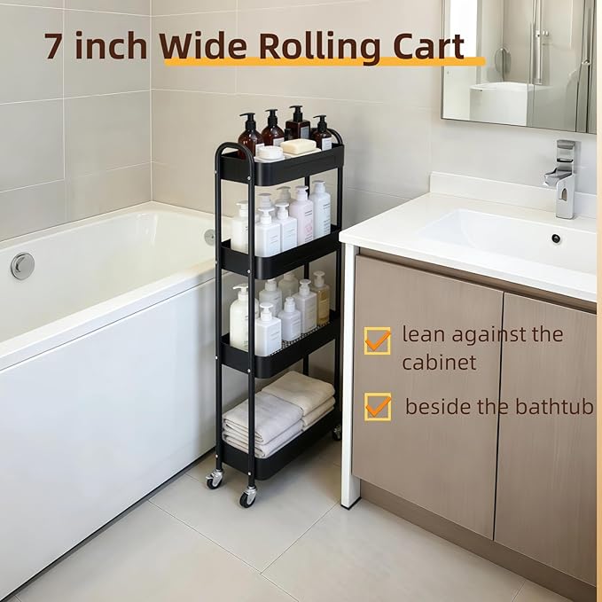 4 Tier Slim Storage Cart with Wheels for Laundry Room Between Washer and Dryer, 7.1'' Narrow Rolling Cart with Wheels and Lockable Casters, Metal Thin Standing Shelf for Small Space, Black