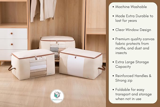Chaos Cleared Canvas Storage Bags Designer Organizer for Comforters 2 Pack – Seasonal Storage for Pillows, Blankets, Linens & Garments – Foldable Design with Zip & Window, Moth-Proof Space Saver