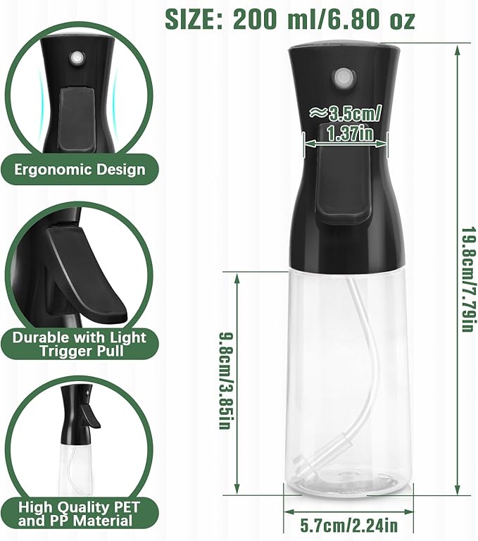 Spray Bottle For Hair,Continuous Water Mister for Hairstyling, Salons, Cleaning, Plants,Essential Oil Scents,Ultra Fine Mist Sprayer,6.8 OZ /200 ML-Black