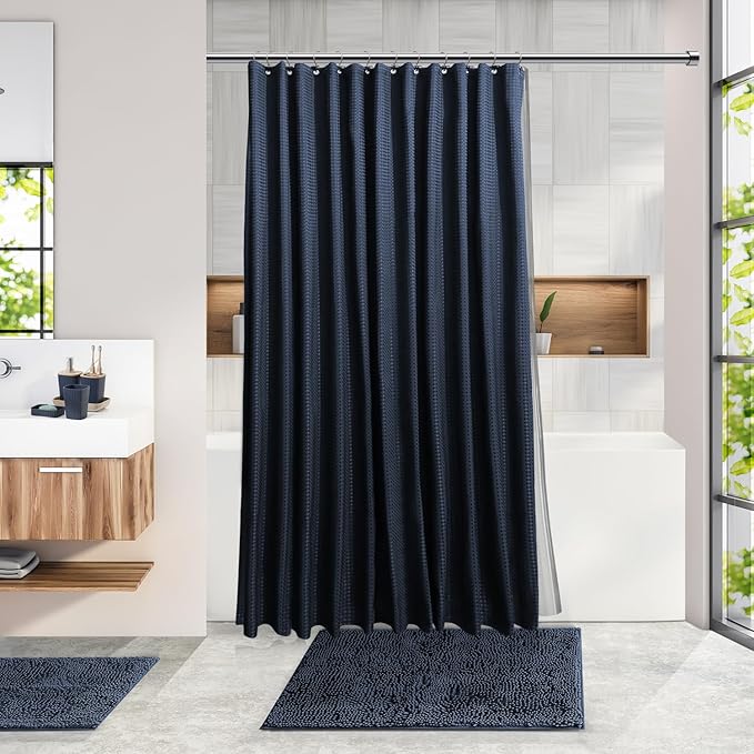 Clara Clark Bathroom Accessories Set - Bathroom Set with Adhesive Corner Shower Caddy Hanging, 25PC Bathroom Accessory Set, Navy Blue Shower Curtain Set, Toilet Brush, Trash Can & Soap Dispenser
