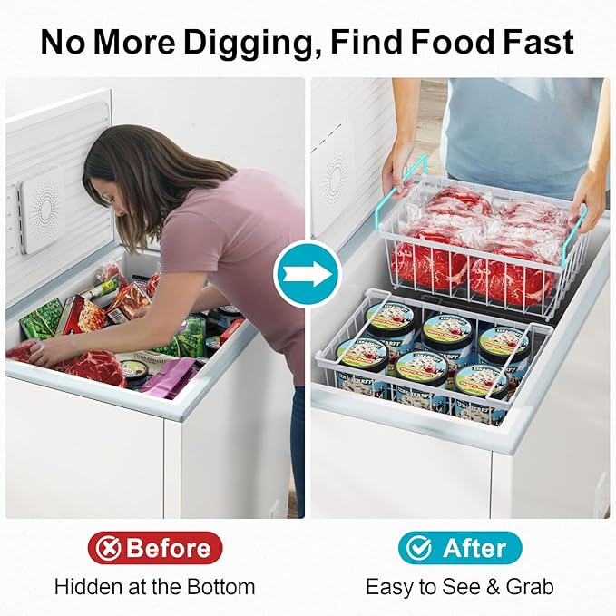 iSPECLE Deep Freezer Organizer, 8 Pack Wire Baskets for 5 Cu.Ft Chest Freezer & Upright Freezers (Over 8.5 Cu.Ft), 14" x 9.4" Stackable Heavy Duty Storage Bins Easy Access to Sort Meat, White