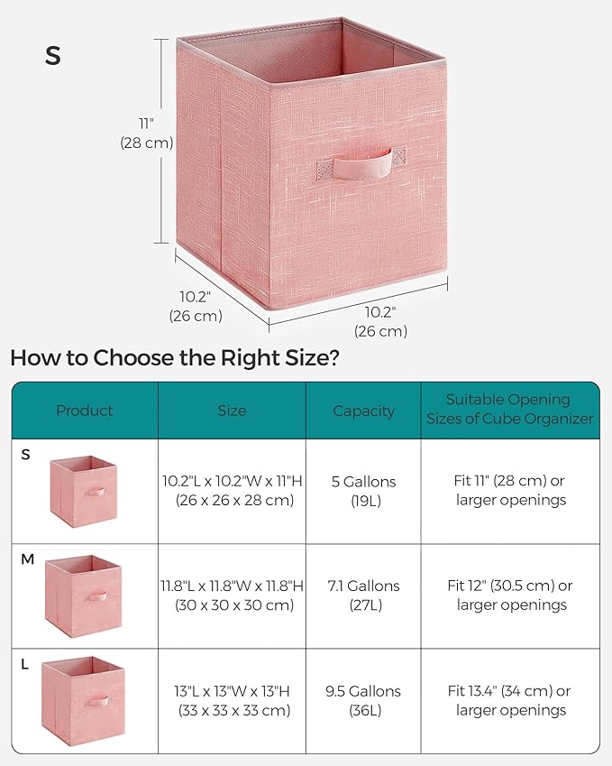 SONGMICS Storage Cubes, 11-Inch Non-Woven Fabric Bins with Double Handles, Set of 6, Closet Organizers for Shelves, Foldable, for Clothes, Jelly Pink UROB026R01