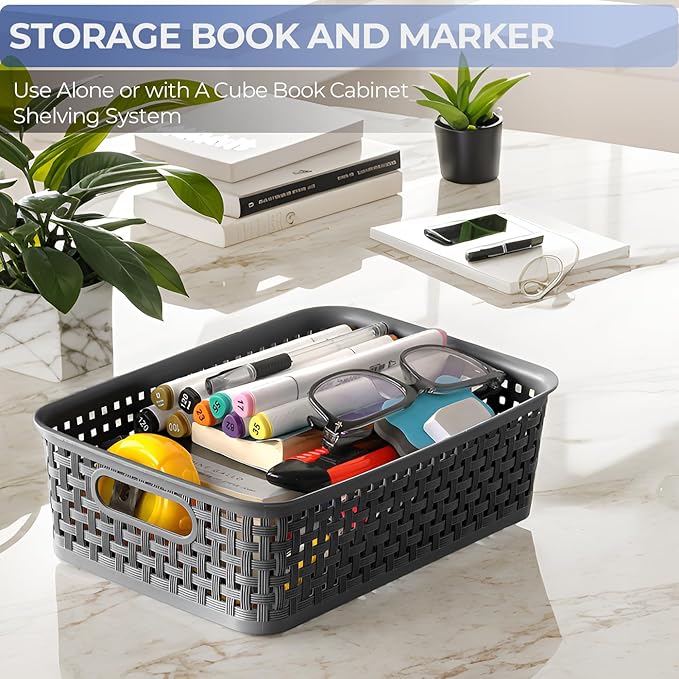 6 Pack Plastic Storage Baskets, Small Baskets for Organizing, Plastic Storage Bins Wicker Pantry Organizer Bins Household Toys for Laundry Room, Bedrooms, Kitchens, Cabinets, Countertops