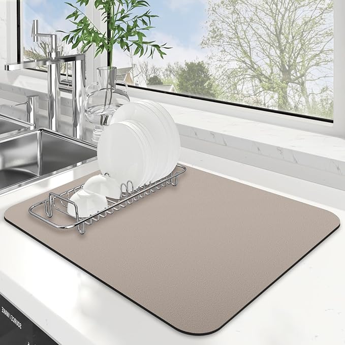 WISELIFE Dish Drying Mat Super Absorbent Drying Mat Large Dish Drying Mats for Kitchen Counter Easy Clean Dish Mat Kitchen Drying Mat15"x 18" Classic Khaki
