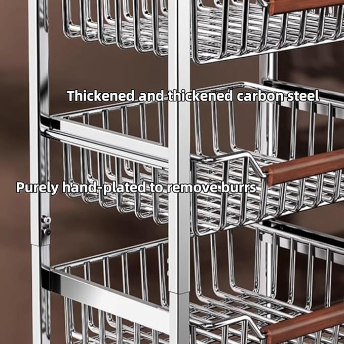 5-Tier Rolling Fruit & Vegetable Storage Cart with Drawers, Extra-Thick Metal Kitchen Organizer Cart on Wheels, Fruit Basket Stand& Fruteros para Cocina, Narrow Pantry Cart for Storage