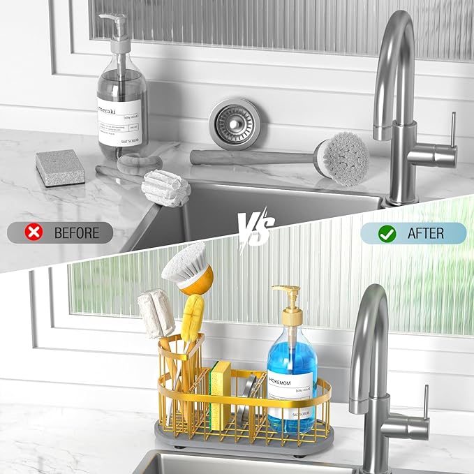 LARGE Kitchen Sink Caddy Organizer,[FLEXIBLE PLACEMENT & FAST-DRYING] Sponge Holder for Kitchen Sink Countertop with High Brush Holder-Rustproof 304 Stainless Steel-9.84"L x 4.72"W x 5.83"H