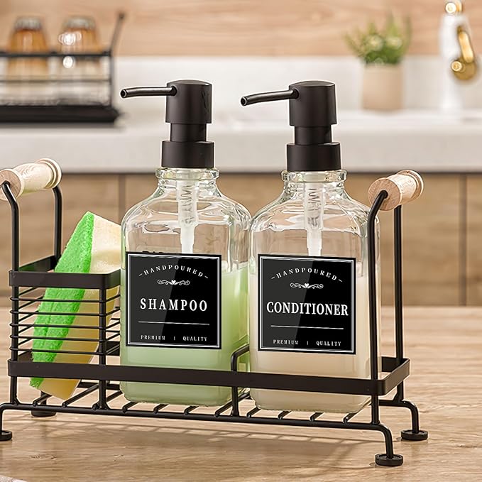 12PCS Bathroom Labels for Soap Dispenser, Removable Bathroom Organization Labels, Waterproof Bottle Labels for Shampoo Conditioner Body Wash (Black)