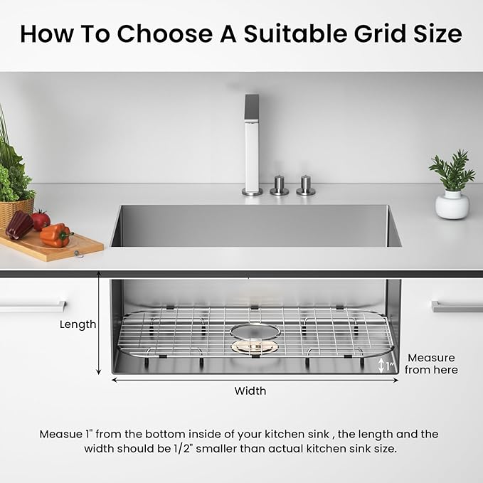 Sink Protector Grid 26-1/16" x 14-1/16", Centered Drain with Corner Radius 3-1/2", 304 Stainless Steel Material (Centered Drain) for Single Bowl Kitchen Sink