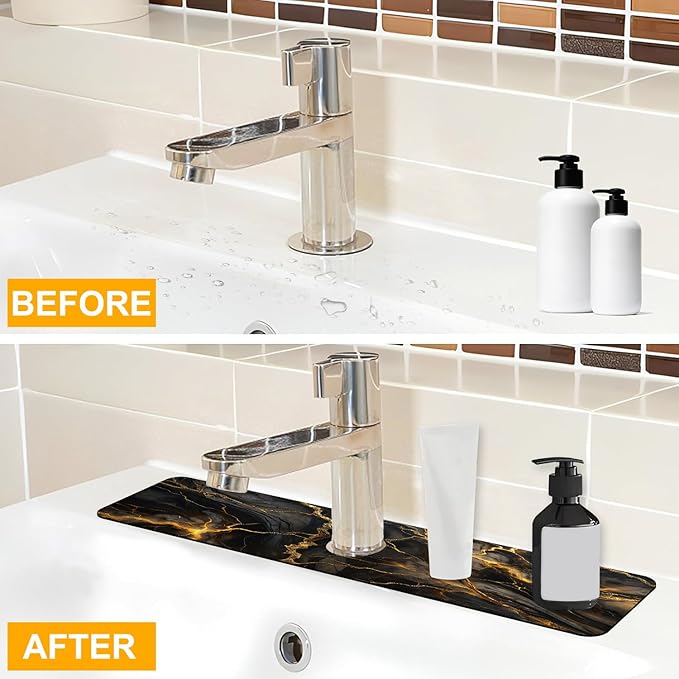 2 Pack Marble Texture Sink Splash Guard Faucet Mat Liquid Gold Marble Texture Super Absorbent Fast Drying Mat Sink Gadgets-Splash Guard Behind Faucet Drip Catcher for Kitchen Bathroom, 23.5"x5.5"
