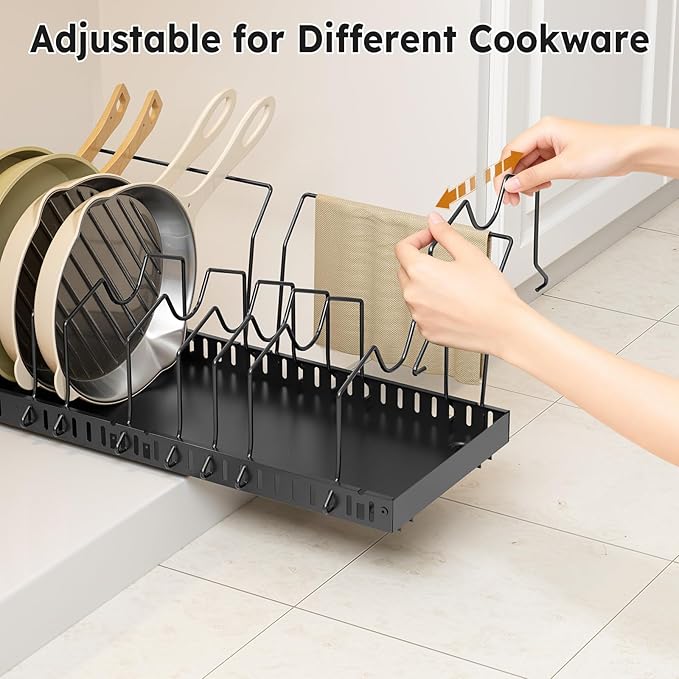 Pull-out Pots and Pans Organizer Under Cabinet - 1 Pack Expandable Pot and Pan Organizer Rack with 10 Adjustable Dividers for Pot, Cutting Board, Dishes, Lid, Baking Tray