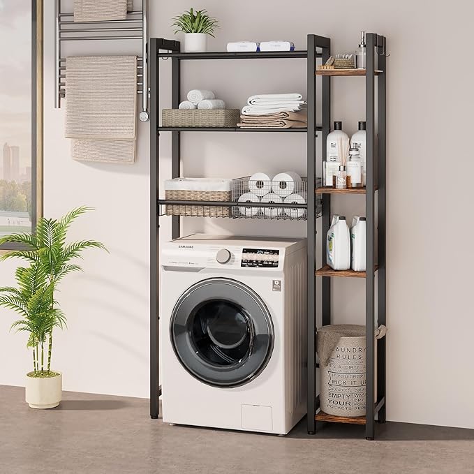 Over The Toilet Storage with Side Rack, 7-Tier Bathroom Organizer with Adjustable Shelf & Drain Basket & 4 Hooks, Freestanding Space Saver for Balcony, Laundry (Vintage Brown)