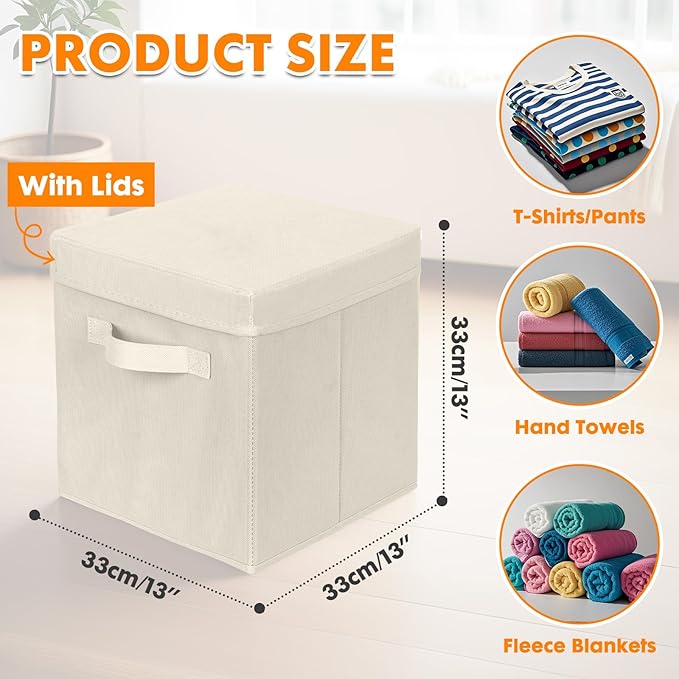ShellKingdom Storage Bins, Foldable Fabric Storage Cubes with Lid, Clothes Storage Organizer Drawer For Closet Toys Storage, 13 X 13 X 13 INCH, 2 Pack (Beige)