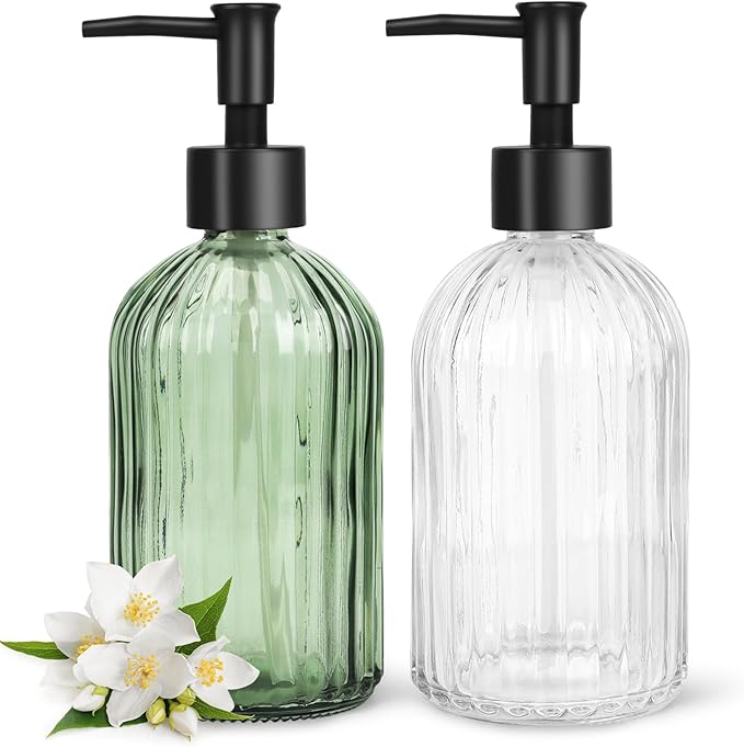 Topsky 2 Pack Glass Soap Dispenser with Black Plastic Pump, 400ml Liquid Hand Soap Dispenser, Rustproof Pump for Kitchen & Bathroom, Great for Lotions, Essential Oil, Liquid Soaps-Clear & Green