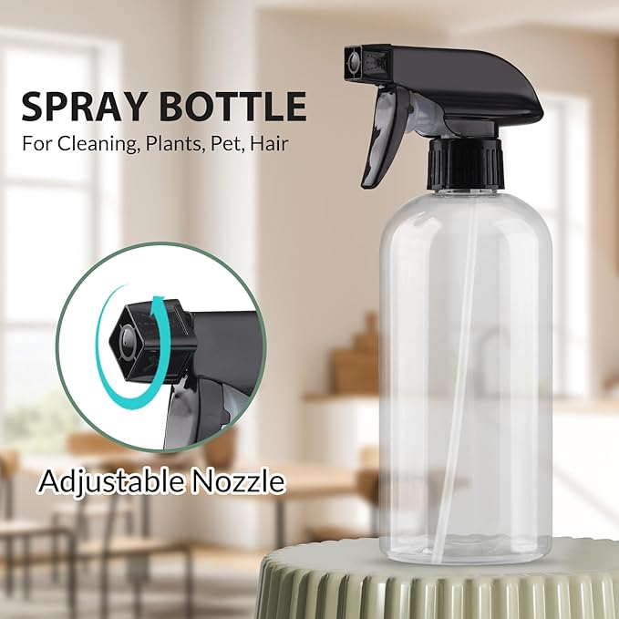 Bynccea Plastic Spray Bottles 2 Pack Clear Empty Spray Bottle 16oz 500ml Squirt Bottle Sprayer for Hair, Cleaning, Plants