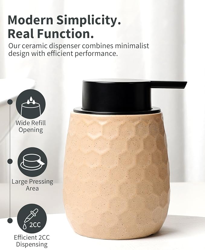 Soap Dispenser, 12OZ Ceramic Liquid Hand Soap Dispenser with Honeycomb Design for Kitchen or Bathroom, Khaki Refillable Dish Lotion Dispenser, ANTIS'S HOME