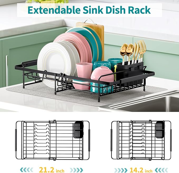 Expandable in Sink Dish Drying Rack - Adjustable Dish Rack Over Sink, Rustproof Dish Drainer for Kitchen Counter, Dish Strainer with Utensil Holder, Fit Kitchen for 13"-18"