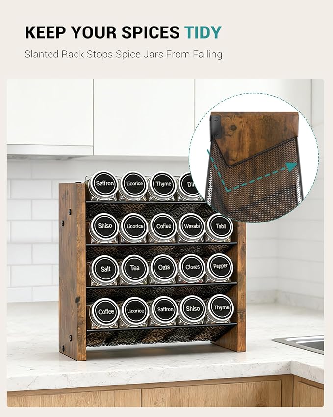 NESAPTO Spice Rack Organizer for Cabinet, Wooden 4 Tier Vertical Seasoning Organizers for Kitchen Pantry, Countertop/Wall Mount, Holds 20 Spice Jars (No Jars Included),10.3" W × 9.4" H