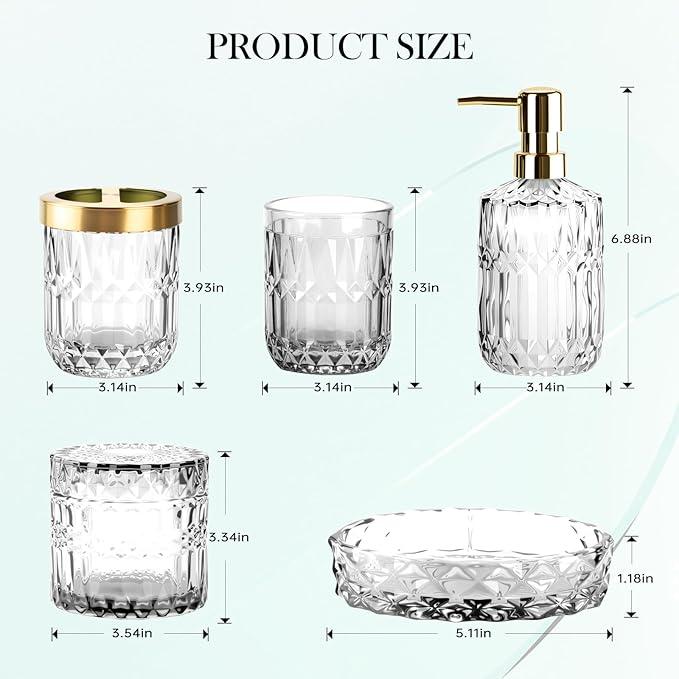 Bathroom Accessory Set 5 Pcs, Glass Bathroom Set Include Soap Dish, Toothbrush Holder, Mousewash Cup, Soap Dispenser, Cotton Swab Jar, Clear