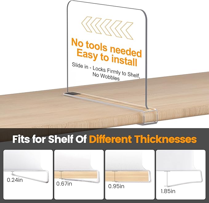 OKPOW Shelf Dividers for Closet Organization: 8" Tall X 12" Deep Acrylic Clear Sturdy Separators for Clothes Purse - Adjustable Easy Install Storage for Wood Cabinet Home Organizer Housewife 6 Pack