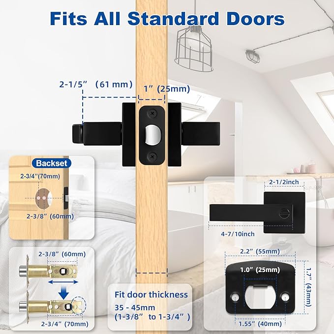 Estmoon 8 Pack Door Handles Black Interior Door Knobs, Keyless Privacy Door Levers with Lock Heavy Duty Door Handle for Bedroom Bathroom