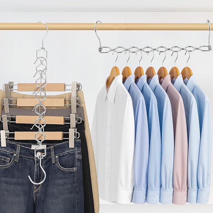 5pcs Magic Space Saving Hangers for Clothes, Heavy Duty 30lbs Shirts Saver Storage, Multi Smart Cascading Hangers with 360° Swivel Hook, 8 Slots Closet Organizer Home Dorm Essential for Pant Jacket