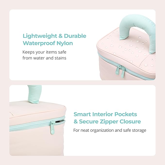 Tuck Hanging Toiletry Bag - Water-Resistant Travel Makeup Organizer with Spacious Compartments & Padded Handle for Women (Blush Petal & Mint) (Puffy Makeup Bag)
