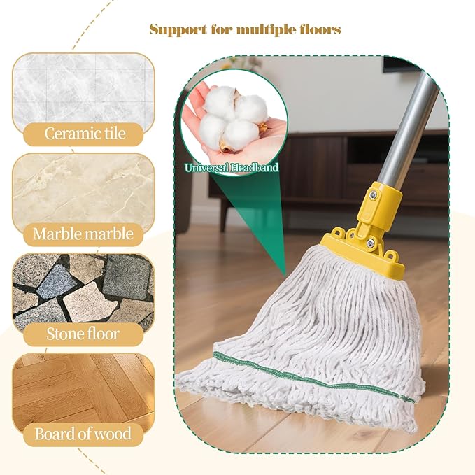 20oz Commercial Mop Head Replacement, 6 Pack Heavy Duty Industrial Cotton Loop-End String Wet Mop Head Refills for Home Garage Office Kitchen Industrial Floor Cleaning (White, Green)