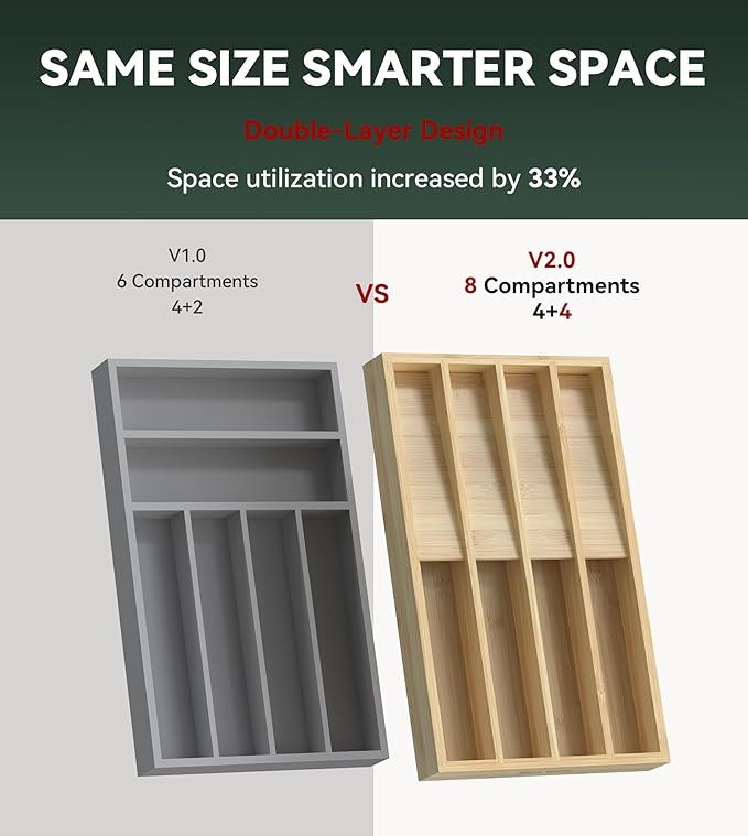 Silverware Organizer, Utensil Drawer Organizer & Cutlery Tray Dividers for Spoons Forks Knives (8 Slot,Natural Bamboo), 16”Dx10”Wx1.7”H