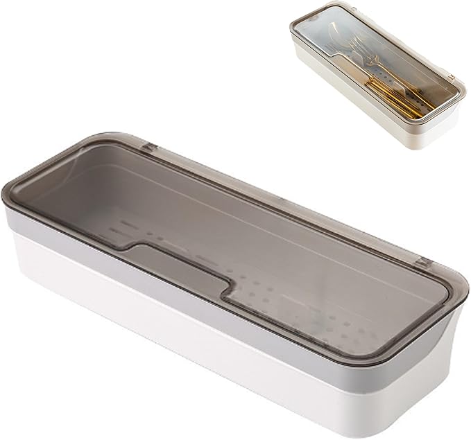 Large Kitchen Drawer Organizer with Lid, 12.6 Inch，Stackable Utensil Holder with Drainer for Silverware & Cooking Tools, Countertop or Drawer Storage Tray