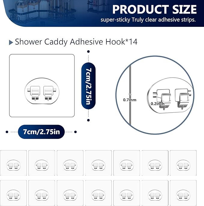 HAOBAOBEI Shower Caddy Adhesive Single Hooks for Replacement, Shower Holder Organizer Self Adhesive Wall Hooks for Bathroom Corner Shelf Basket Soap Dish (Transparent-14Pack 1 Hooks)