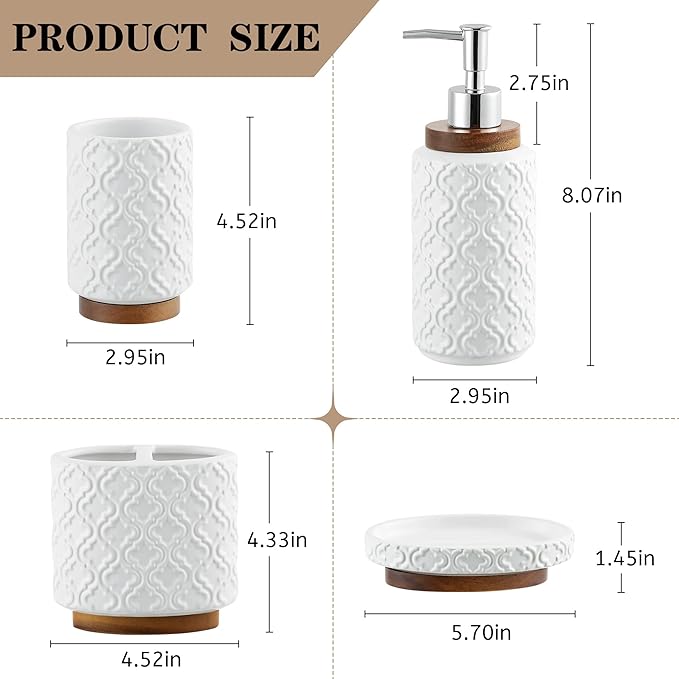 Bathroom Accessories Set 4 Pcs Toothbrush Holder Soap Dispenser Ceramic and Wood Bathroom Decor Set Contain Toothbrush Cup Soap Dish Tumbler White