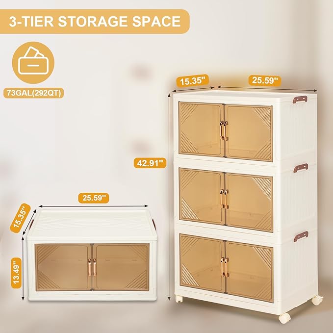 3-Tier Storage Bins with Lids, 97QT Stackable Bins with Wheels, Closet Organizer Storage, Plastic Large Collapsible Storage Containers for Home, Bedroom, Office Organization (3-Tier 97 QT)