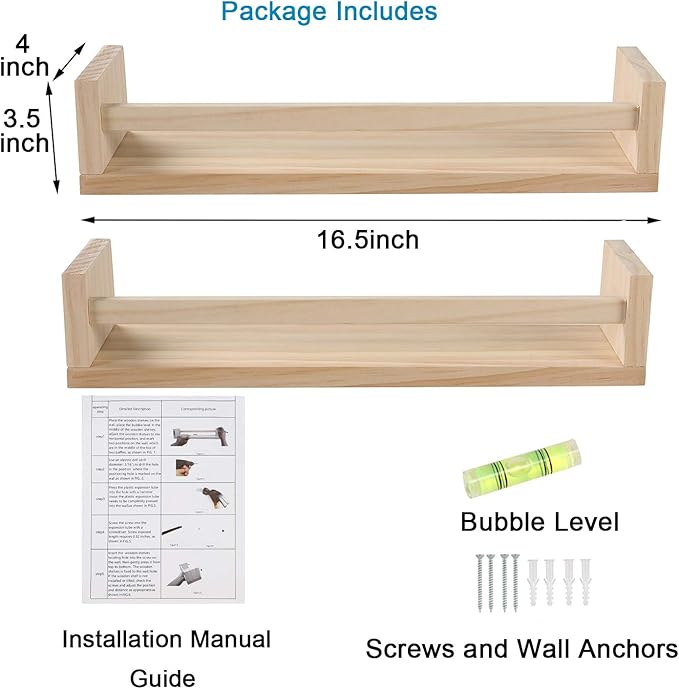 Nursery Book Shelves, Set of 2 Wood Floating Book Shelves for Kids Room, Kitchen Spice Rack, or Rustic Wall Mounted Shelves for Farmhouse Bathroom Décor (Natural Wood)