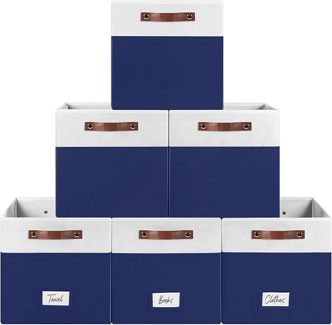 6-Pack Storage Cubes with Handles & Label Holders Basket, Closet Cube Home Organizer Bins(White/Blue, 13 x 13 x 13 inch)