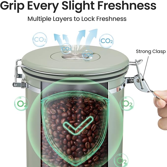 Veken Coffee Canister, 39OZ Large, Airtight Stainless Steel Food Storage Container for 2.2lbs Coffee Beans, Ground, Sugar, Tea, Flour, Cereal, Kitchen Bar Accessories with Date Tracker & Scoop, Green