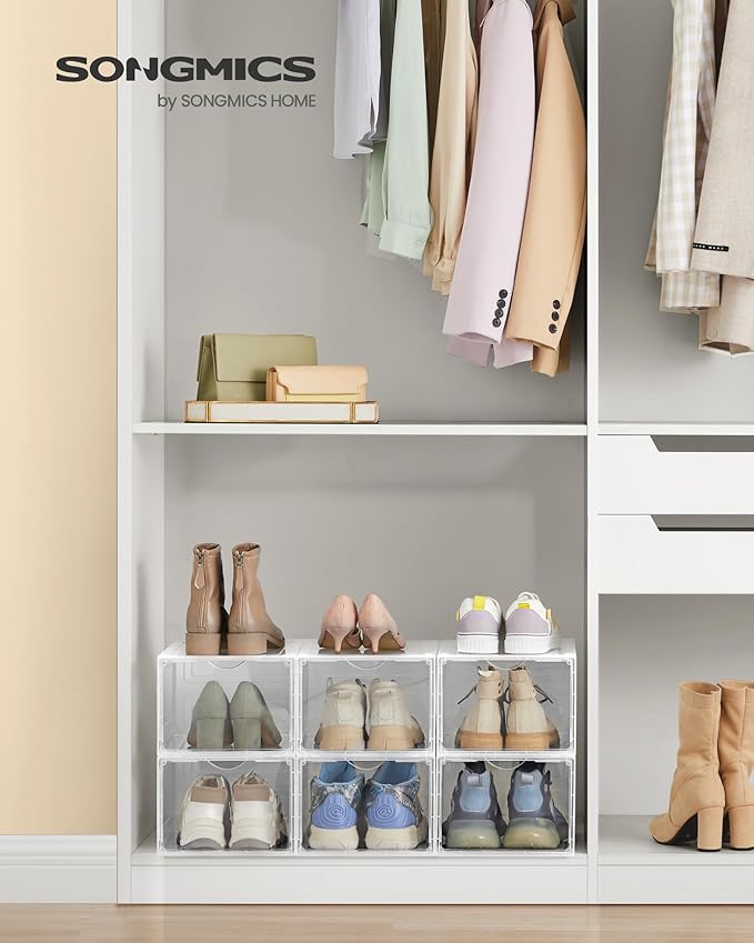 SONGMICS Shoe Boxes, Clear Shoe Organizers, Set of 6, Plastic Shoe Storage with Clear Door, Easy Assembly, up to US Size 11, Transparent White ULSP032W06